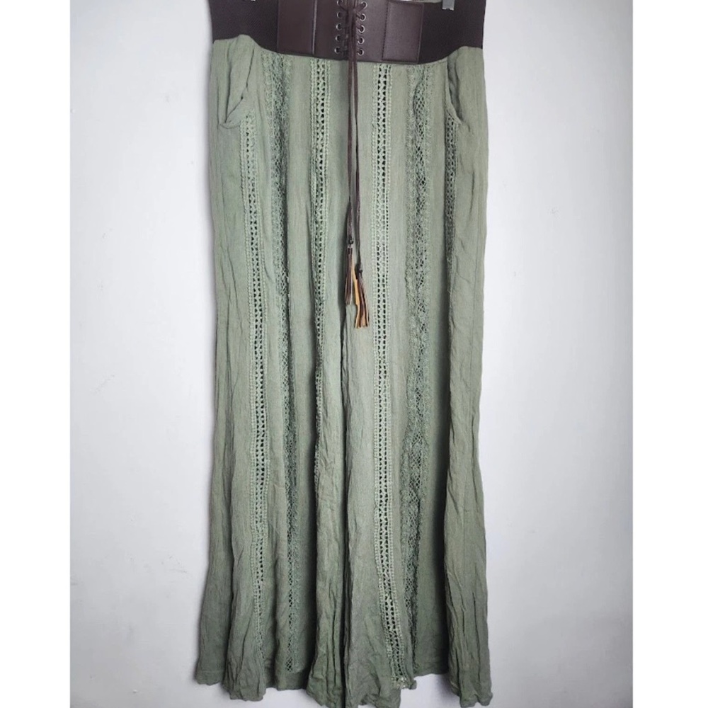 A Beautiful Soul olive Green Lace crochet Detail wide leg pants belted Sz 18